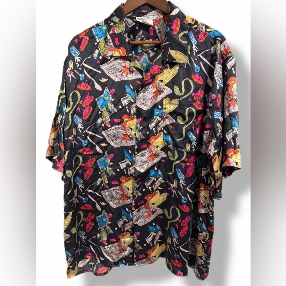 Vintage 100% Silk Button Down Shirt Mens L Retro Novelty Print Statement
